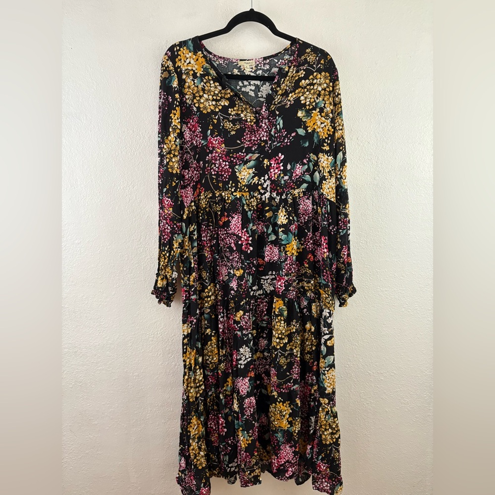 Haani long sleeve black floral print dress size XL